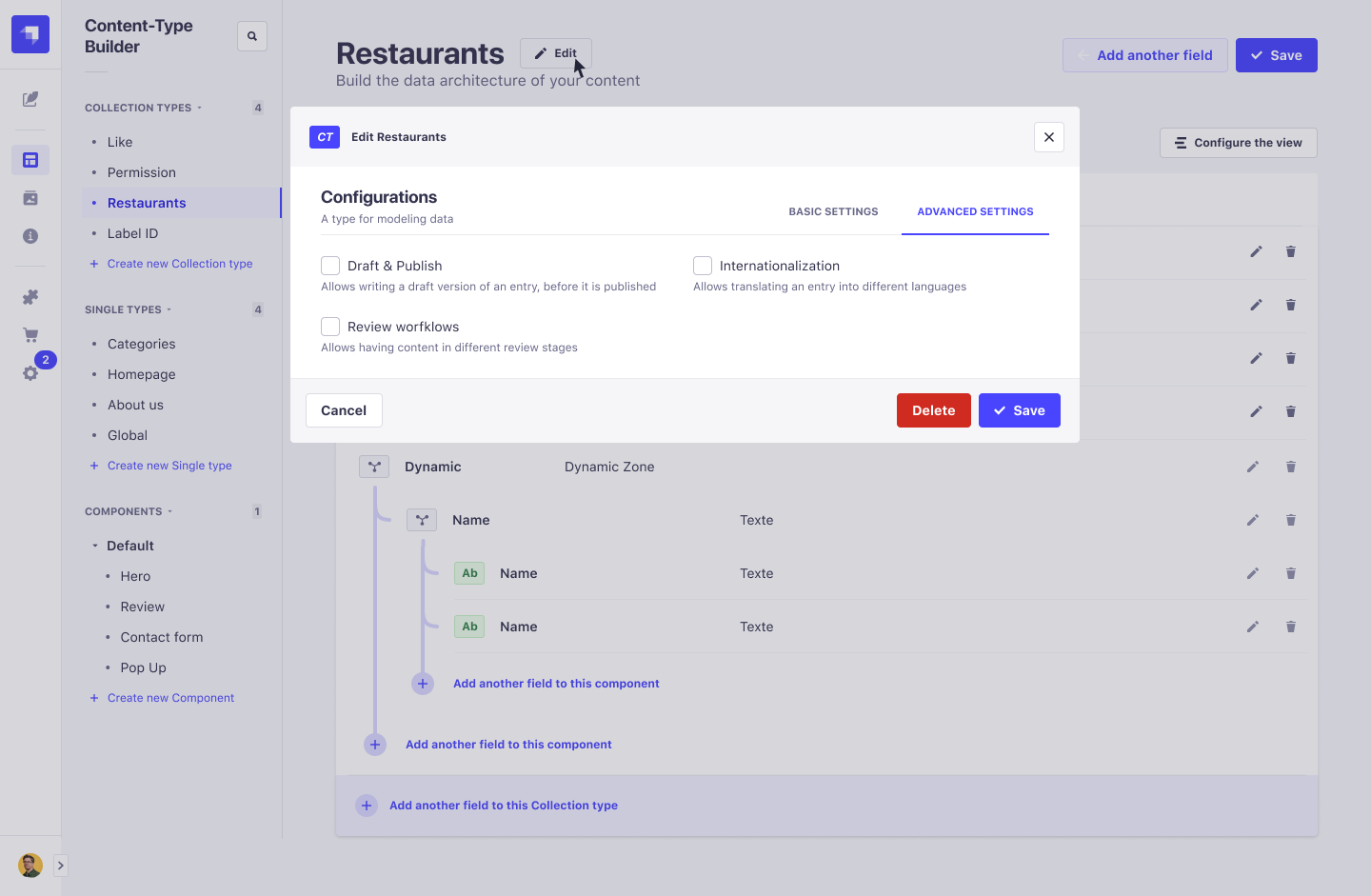 Content-type Builder&#39;s advanced settings