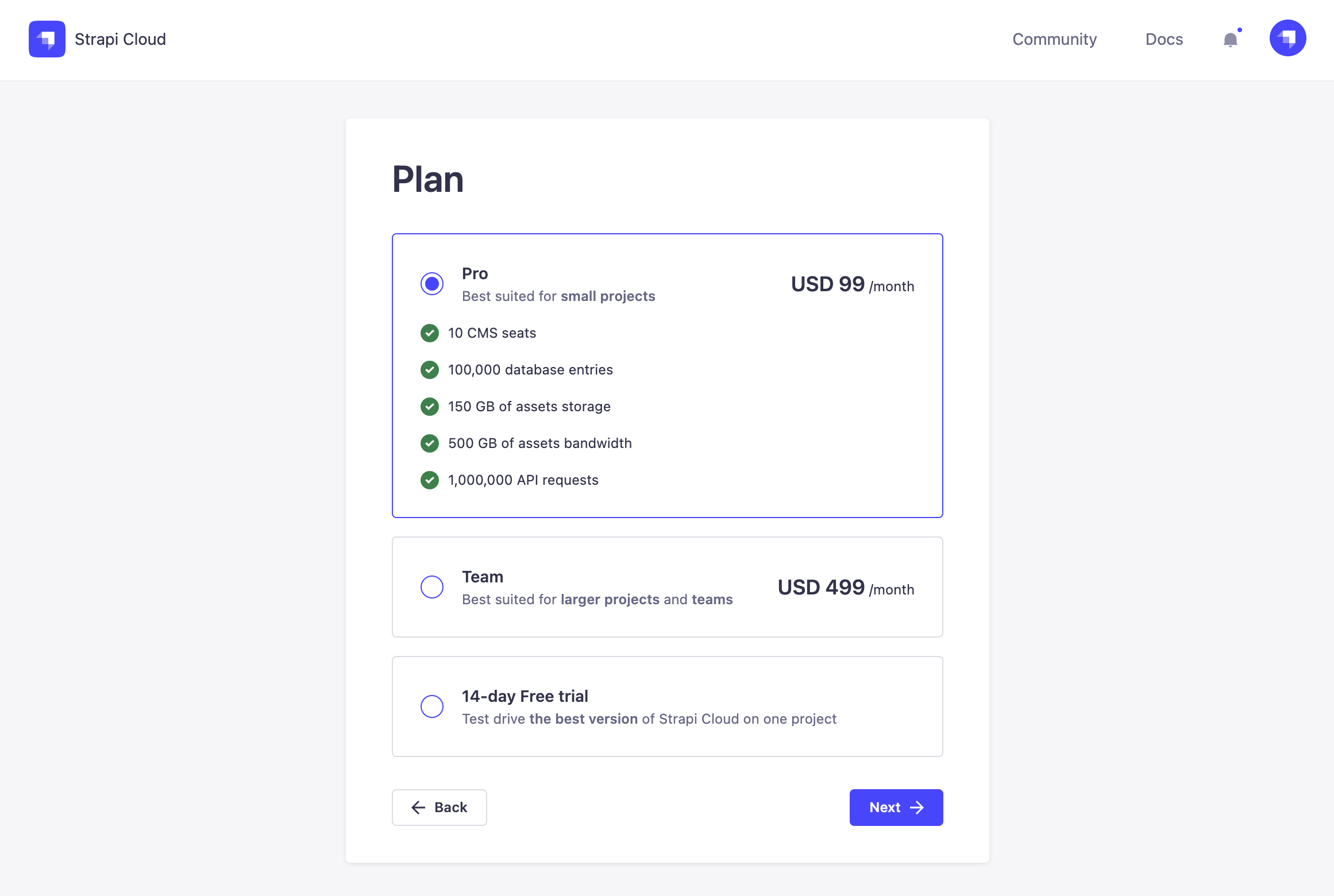 Plan selection page